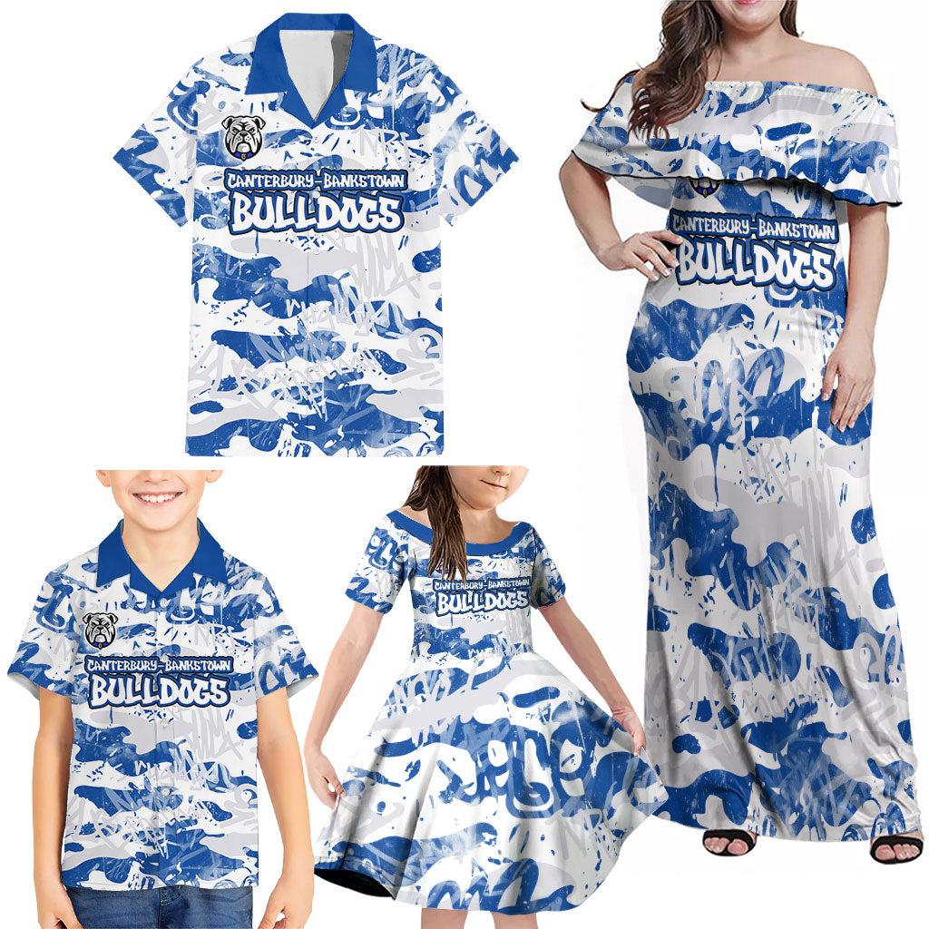 Canterbury-Bankstown Bulldogs Rugby Family Matching Off Shoulder Maxi Dress and Hawaiian Shirt Graffiti Typography Urban Camo Abstract Street Style