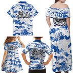 Canterbury-Bankstown Bulldogs Rugby Family Matching Off Shoulder Maxi Dress and Hawaiian Shirt Graffiti Typography Urban Camo Abstract Street Style