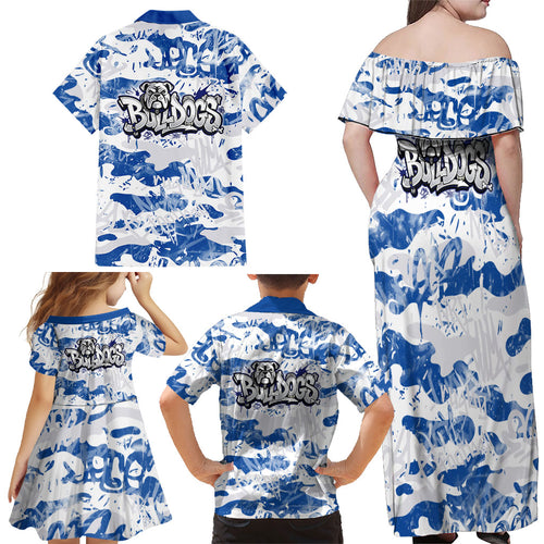 Canterbury-Bankstown Bulldogs Rugby Family Matching Off Shoulder Maxi Dress and Hawaiian Shirt Graffiti Typography Urban Camo Abstract Street Style