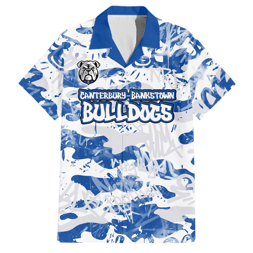 Canterbury-Bankstown Bulldogs Rugby Family Matching Off Shoulder Maxi Dress and Hawaiian Shirt Graffiti Typography Urban Camo Abstract Street Style