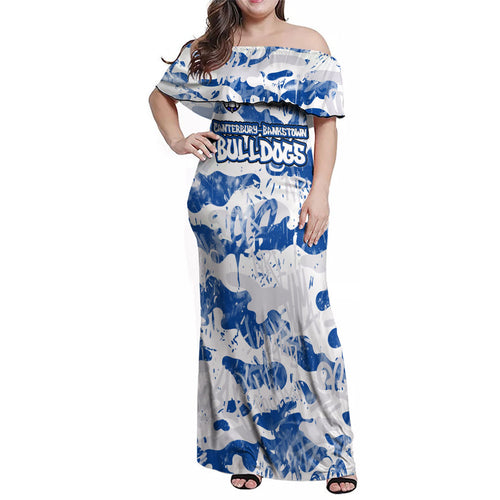 Canterbury-Bankstown Bulldogs Rugby Family Matching Off Shoulder Maxi Dress and Hawaiian Shirt Graffiti Typography Urban Camo Abstract Street Style