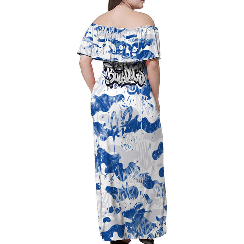 Canterbury-Bankstown Bulldogs Rugby Family Matching Off Shoulder Maxi Dress and Hawaiian Shirt Graffiti Typography Urban Camo Abstract Street Style
