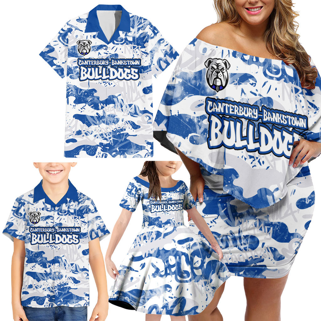 Canterbury-Bankstown Bulldogs Rugby Family Matching Off Shoulder Short Dress and Hawaiian Shirt Graffiti Typography Urban Camo Abstract Street Style