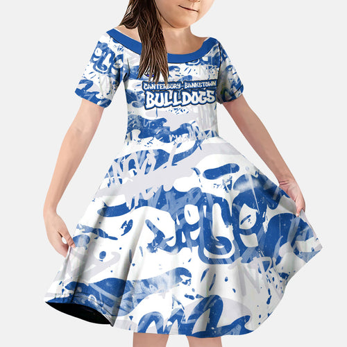 Canterbury-Bankstown Bulldogs Rugby Family Matching Off Shoulder Short Dress and Hawaiian Shirt Graffiti Typography Urban Camo Abstract Street Style