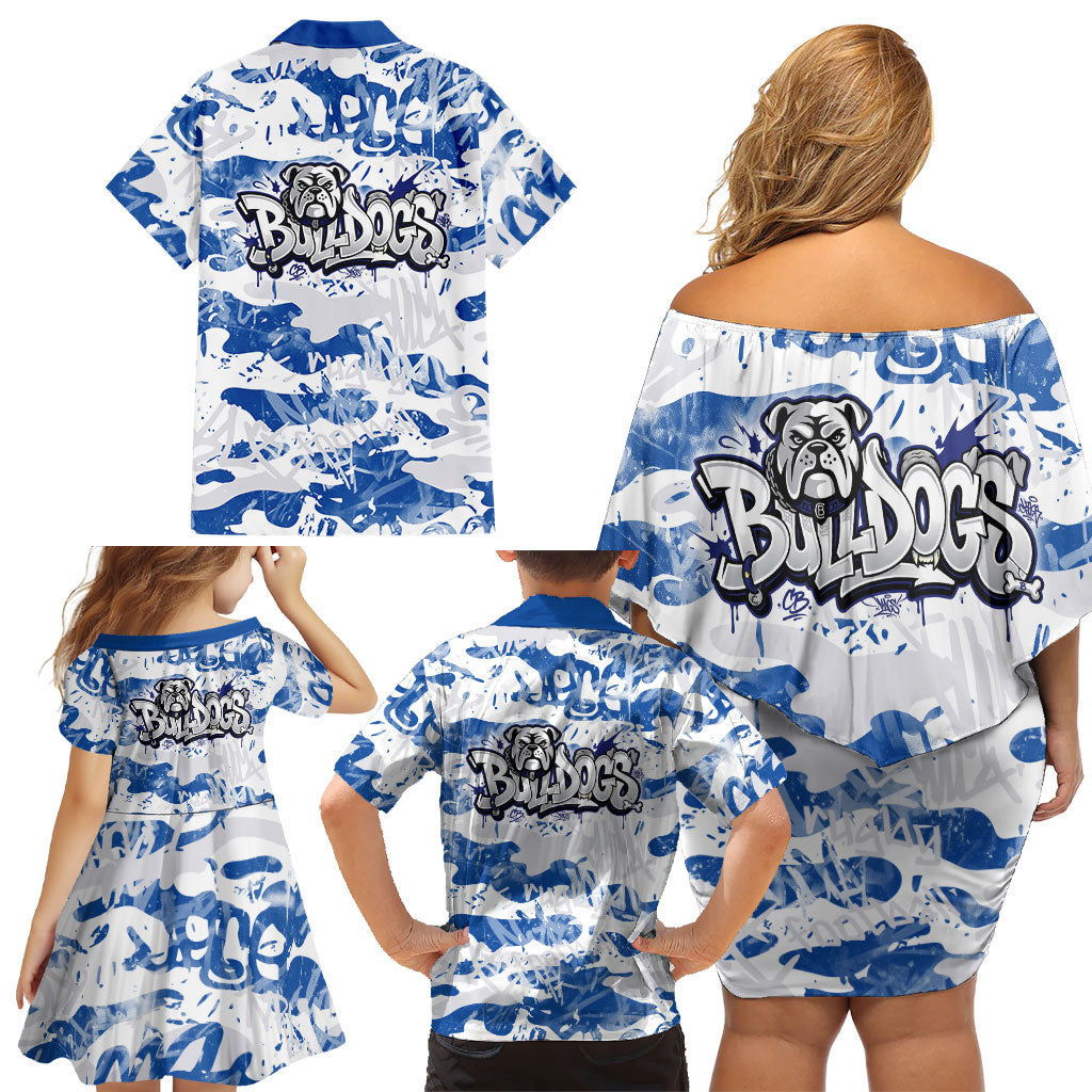 Canterbury-Bankstown Bulldogs Rugby Family Matching Off Shoulder Short Dress and Hawaiian Shirt Graffiti Typography Urban Camo Abstract Street Style