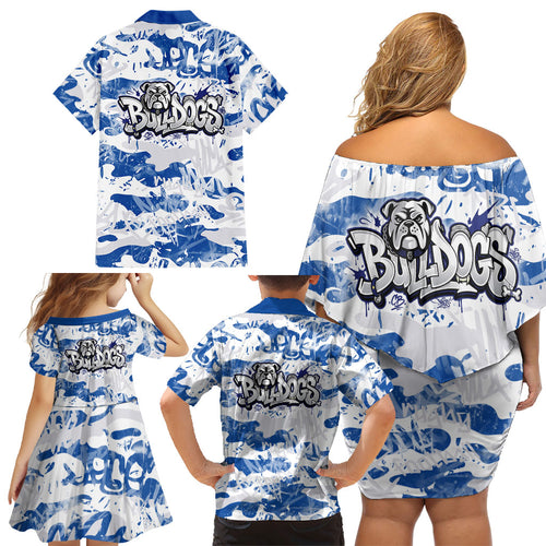 Canterbury-Bankstown Bulldogs Rugby Family Matching Off Shoulder Short Dress and Hawaiian Shirt Graffiti Typography Urban Camo Abstract Street Style