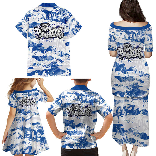 Canterbury-Bankstown Bulldogs Rugby Family Matching Puletasi and Hawaiian Shirt Graffiti Typography Urban Camo Abstract Street Style