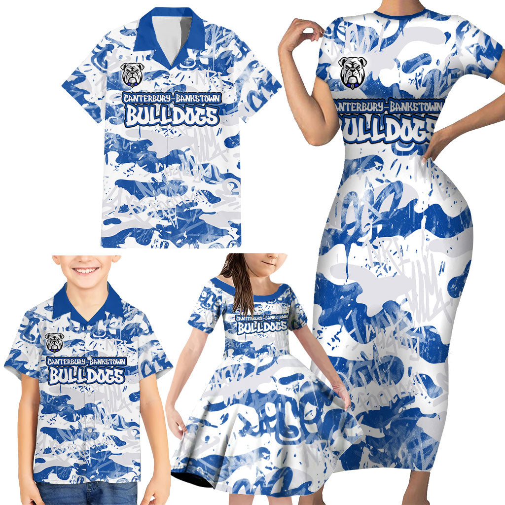 Canterbury-Bankstown Bulldogs Rugby Family Matching Short Sleeve Bodycon Dress and Hawaiian Shirt Graffiti Typography Urban Camo Abstract Street Style