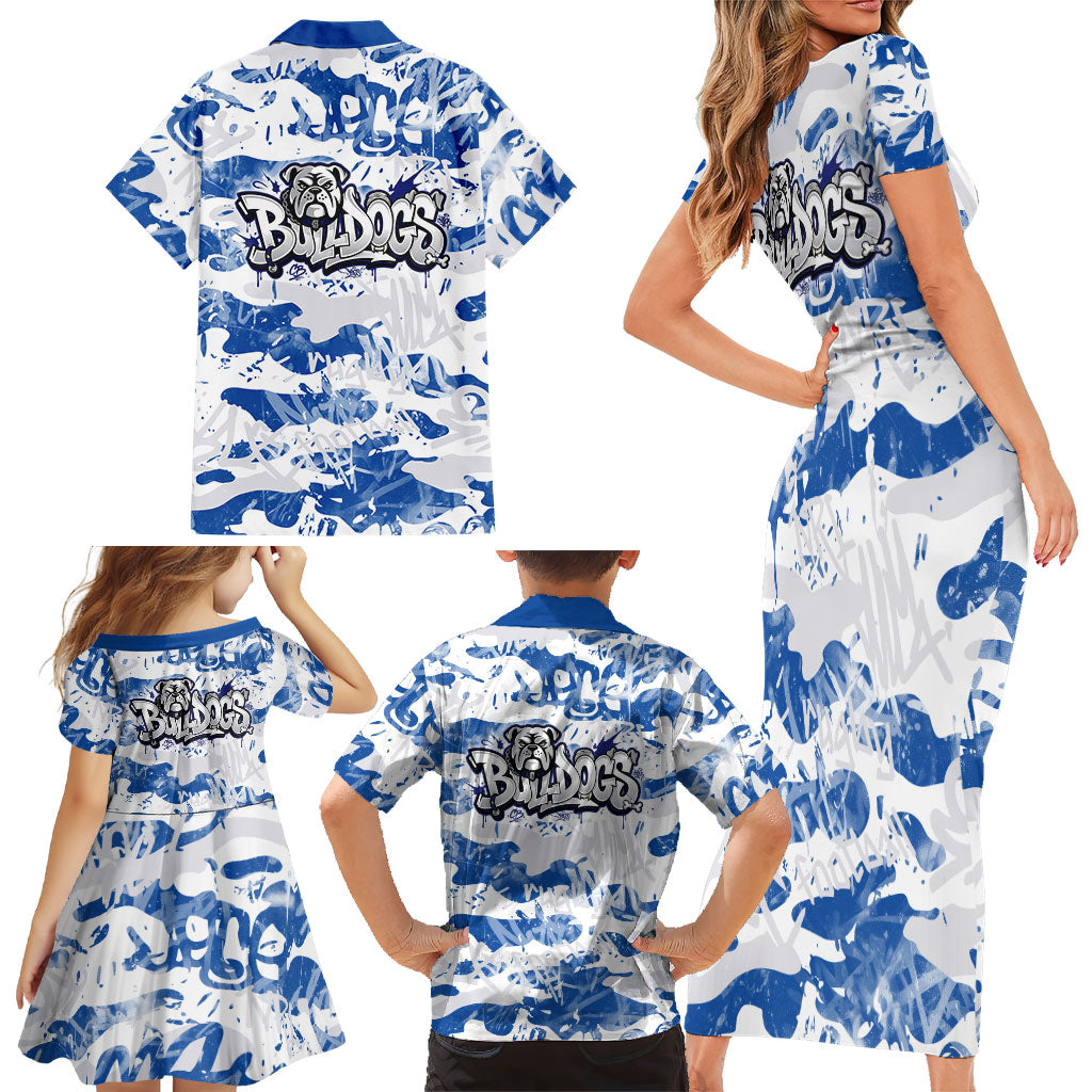 Canterbury-Bankstown Bulldogs Rugby Family Matching Short Sleeve Bodycon Dress and Hawaiian Shirt Graffiti Typography Urban Camo Abstract Street Style