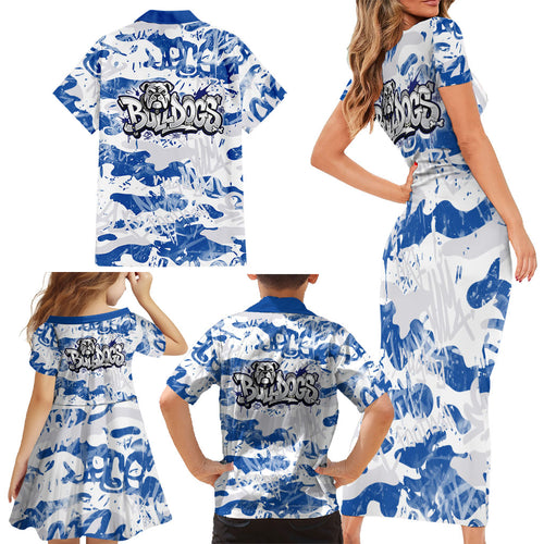 Canterbury-Bankstown Bulldogs Rugby Family Matching Short Sleeve Bodycon Dress and Hawaiian Shirt Graffiti Typography Urban Camo Abstract Street Style