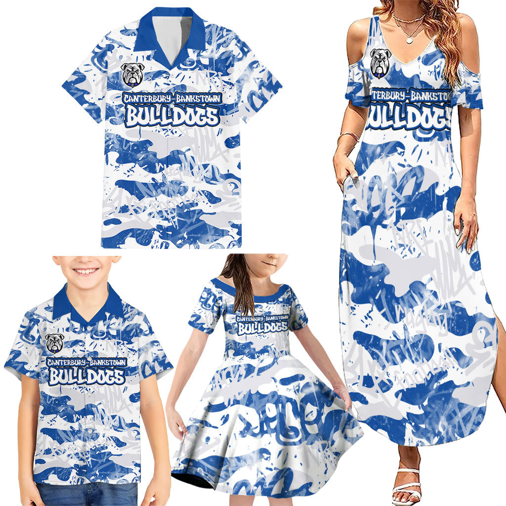 Canterbury-Bankstown Bulldogs Rugby Family Matching Summer Maxi Dress and Hawaiian Shirt Graffiti Typography Urban Camo Abstract Street Style