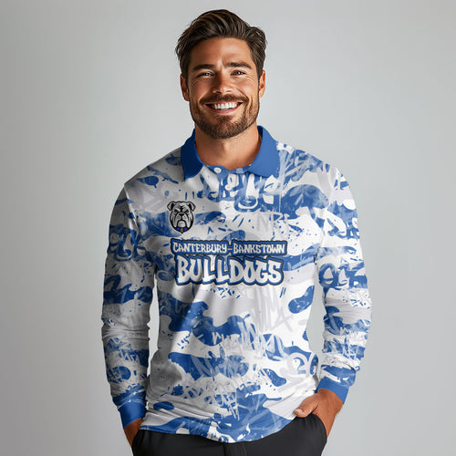Canterbury-Bankstown Bulldogs Rugby Long Sleeve Polo Shirt Graffiti Typography Urban Camo Abstract Street Style