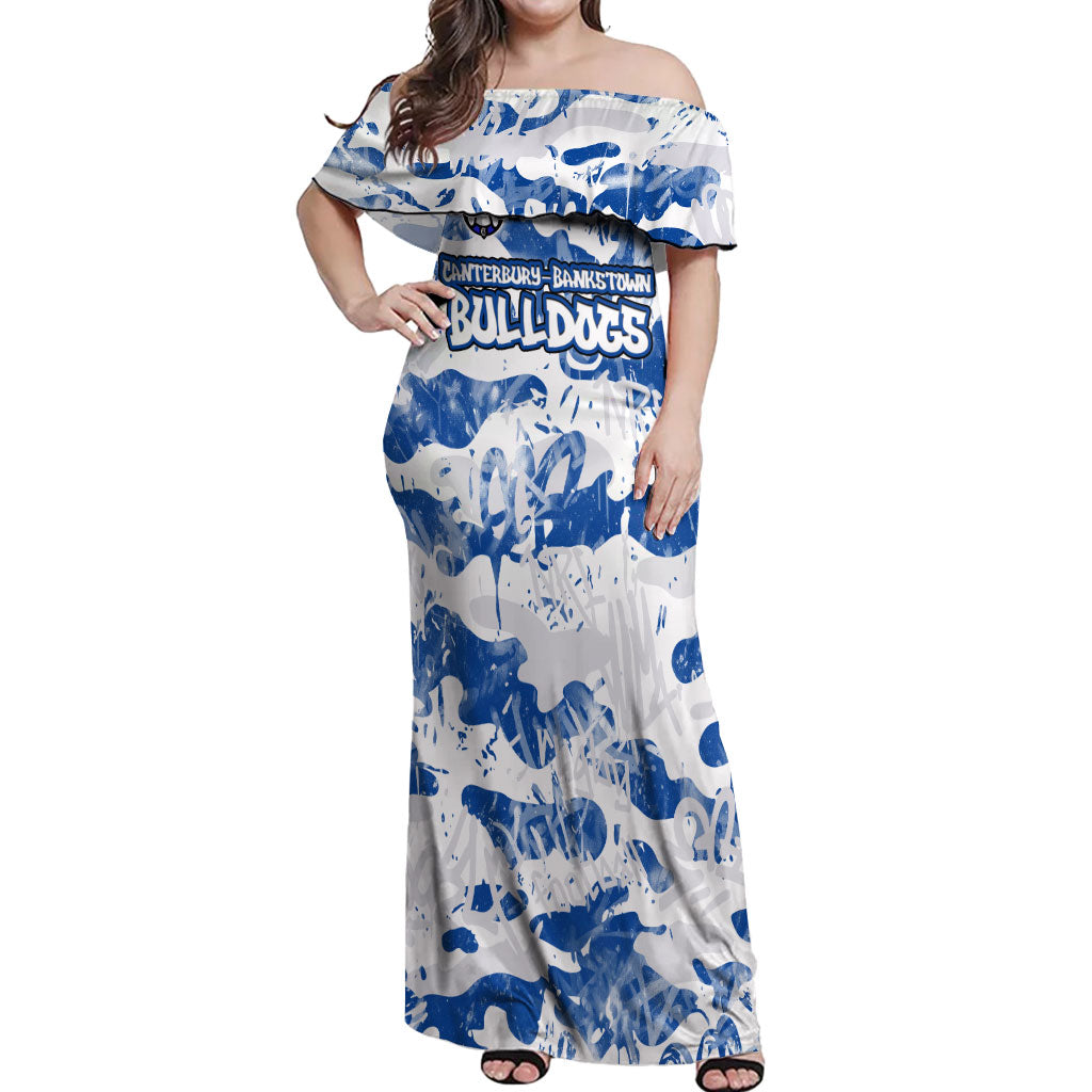 Canterbury-Bankstown Bulldogs Rugby Off Shoulder Maxi Dress Graffiti Typography Urban Camo Abstract Street Style