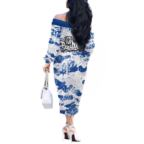 Canterbury-Bankstown Bulldogs Rugby Off The Shoulder Long Sleeve Dress Graffiti Typography Urban Camo Abstract Street Style