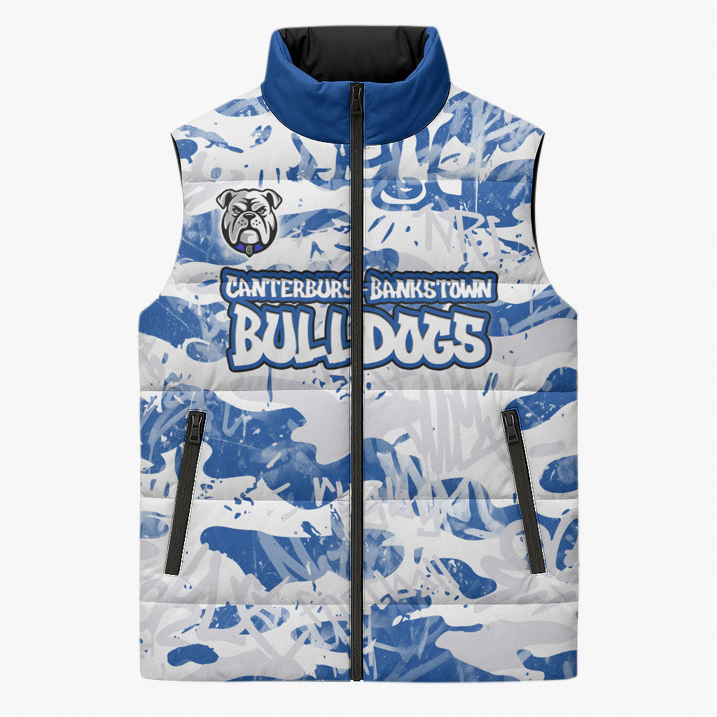 Canterbury-Bankstown Bulldogs Rugby Sleeveless Puffer Jacket Graffiti Typography Urban Camo Abstract Street Style