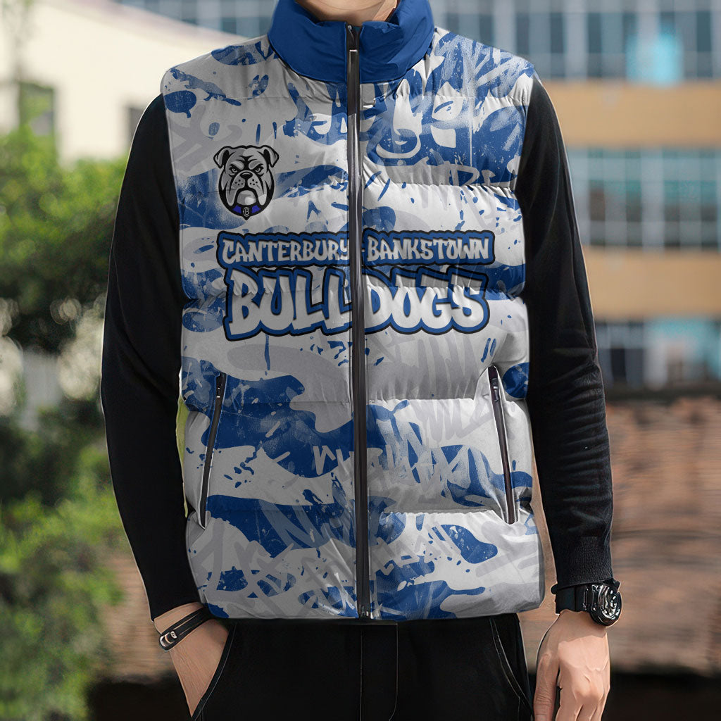 Canterbury-Bankstown Bulldogs Rugby Sleeveless Puffer Jacket Graffiti Typography Urban Camo Abstract Street Style