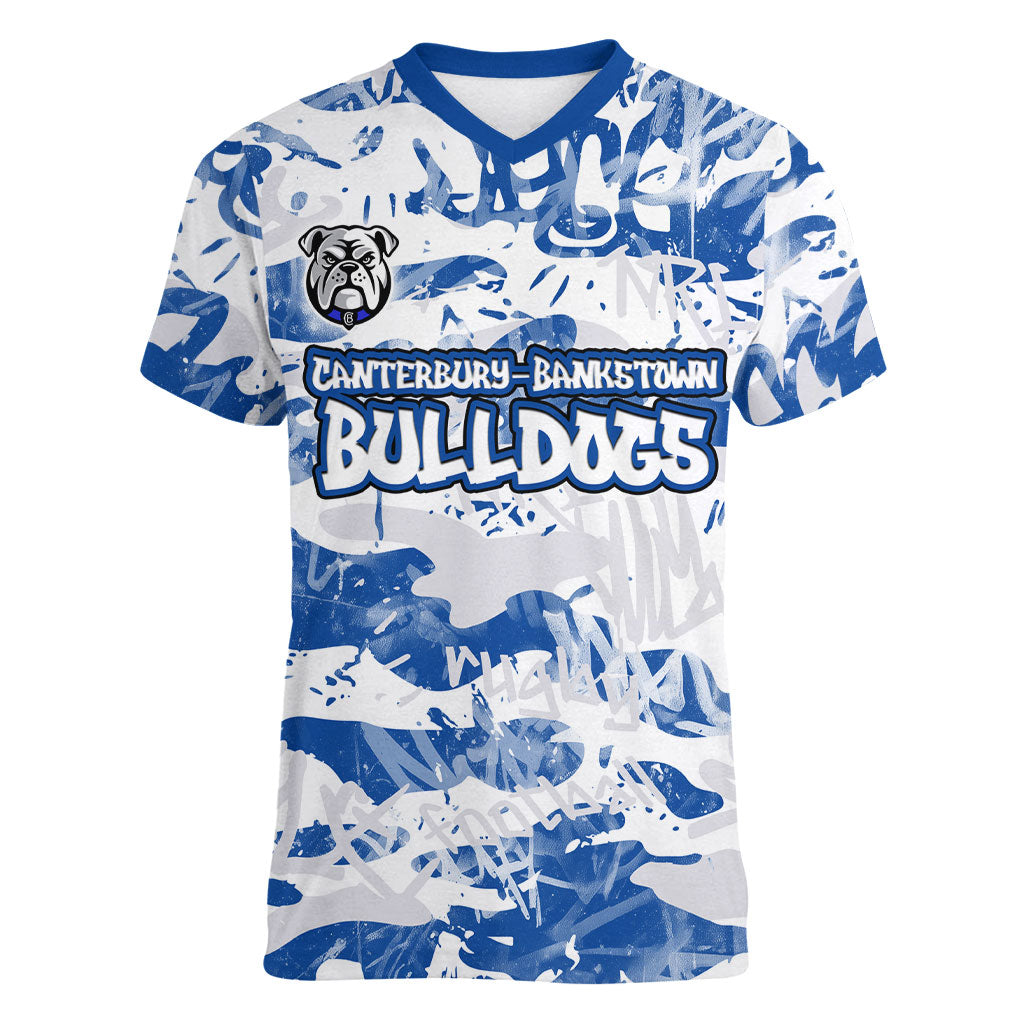 Canterbury-Bankstown Bulldogs Rugby Women V-Neck T-Shirt Graffiti Typography Urban Camo Abstract Street Style