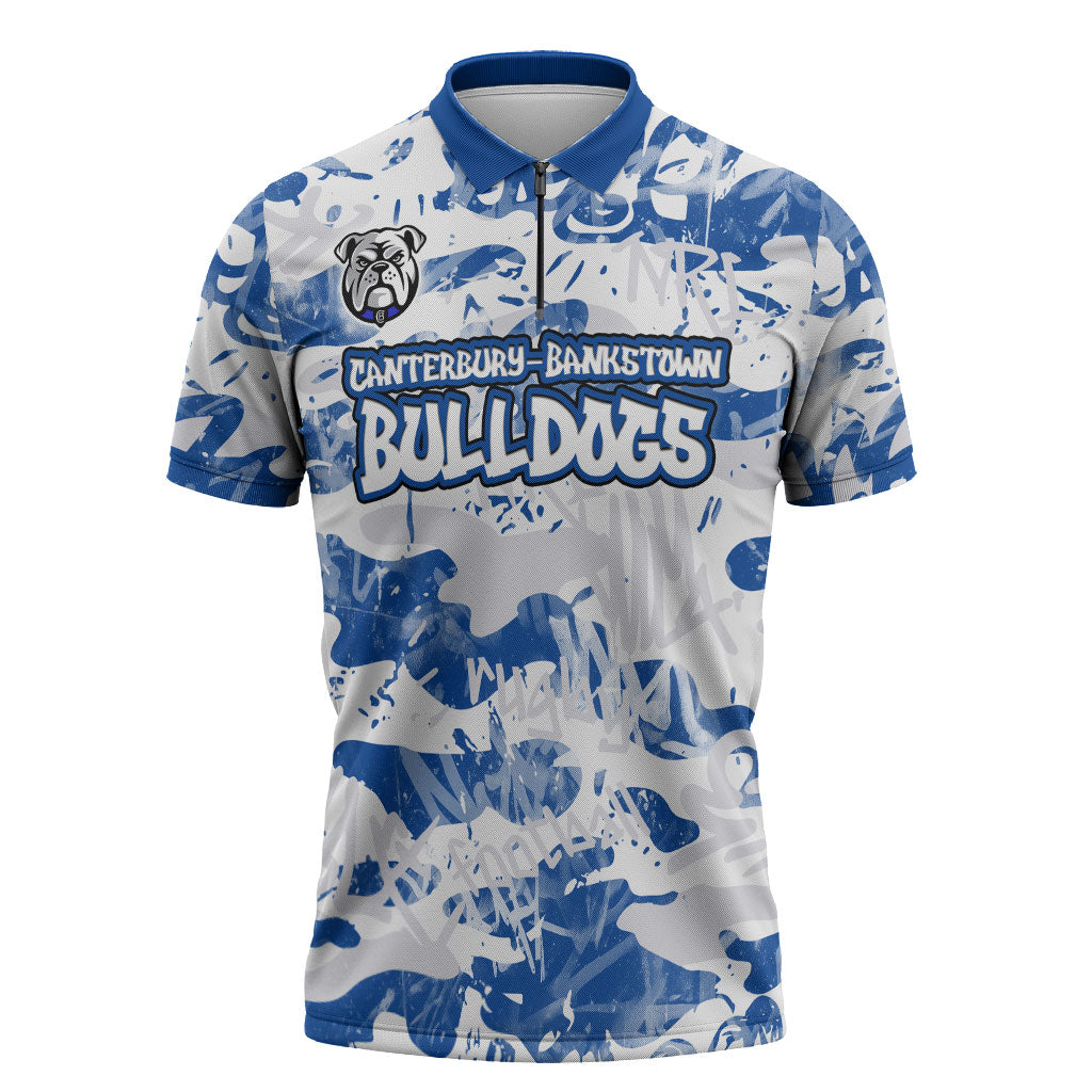 Canterbury-Bankstown Bulldogs Rugby Zipper Polo Shirt Graffiti Typography Urban Camo Abstract Street Style