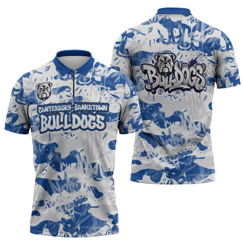 Canterbury-Bankstown Bulldogs Rugby Zipper Polo Shirt Graffiti Typography Urban Camo Abstract Street Style
