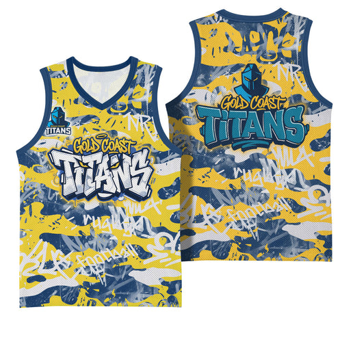 Gold Coast Titans Rugby Basketball Jersey Graffiti Typography Urban Camo Abstract Street Style