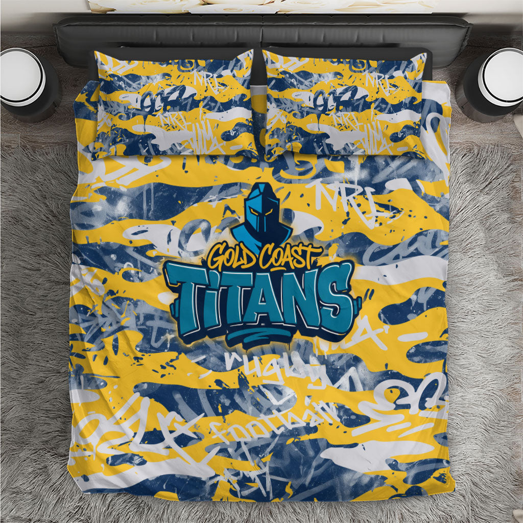 Gold Coast Titans Rugby Bedding Set Graffiti Typography Urban Camo Abstract Street Style