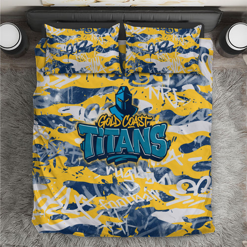 Gold Coast Titans Rugby Bedding Set Graffiti Typography Urban Camo Abstract Street Style