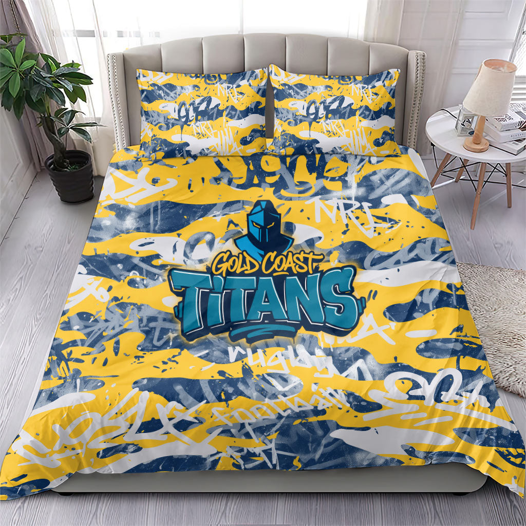 Gold Coast Titans Rugby Bedding Set Graffiti Typography Urban Camo Abstract Street Style
