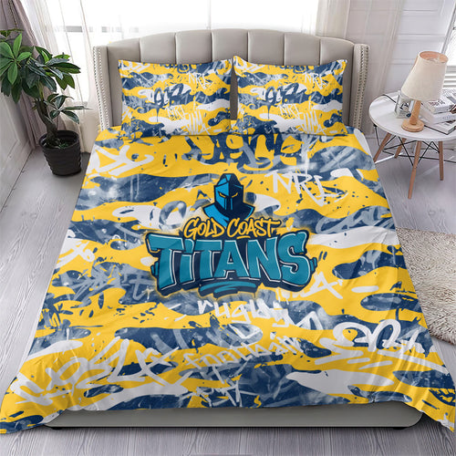 Gold Coast Titans Rugby Bedding Set Graffiti Typography Urban Camo Abstract Street Style