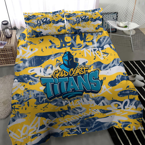 Gold Coast Titans Rugby Bedding Set Graffiti Typography Urban Camo Abstract Street Style