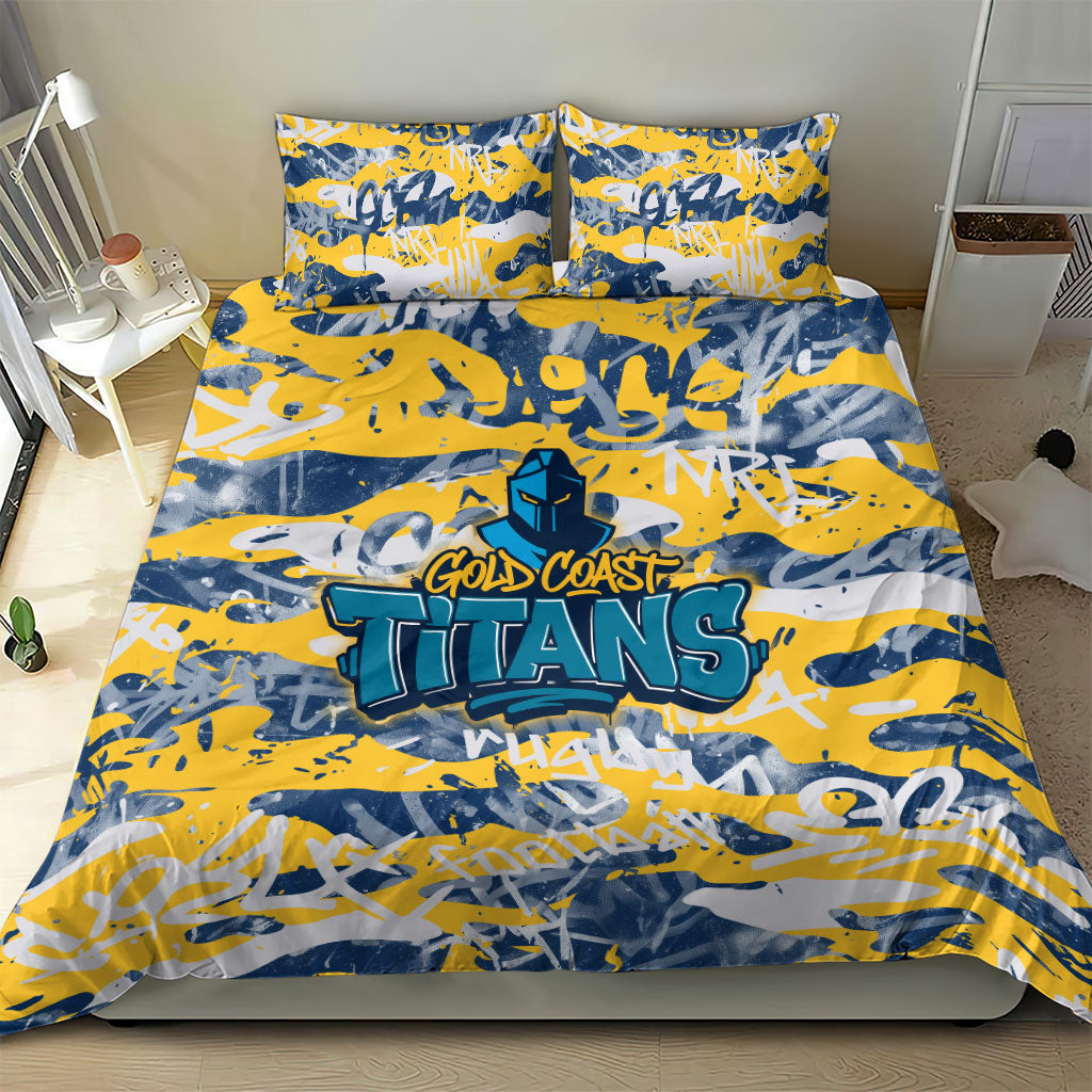 Gold Coast Titans Rugby Bedding Set Graffiti Typography Urban Camo Abstract Street Style