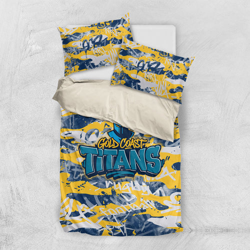 Gold Coast Titans Rugby Bedding Set Graffiti Typography Urban Camo Abstract Street Style