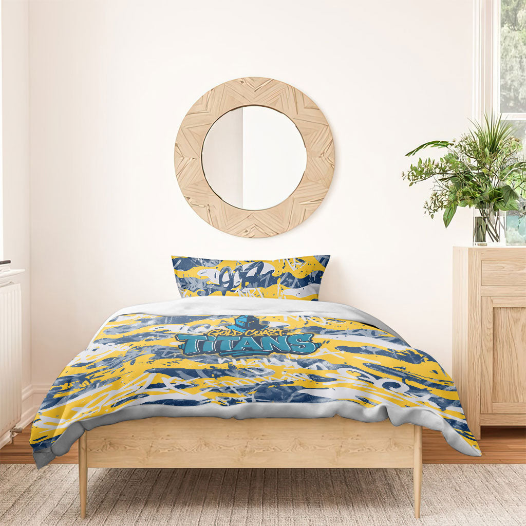 Gold Coast Titans Rugby Bedding Set Graffiti Typography Urban Camo Abstract Street Style