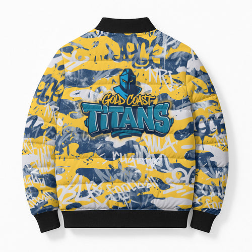 Gold Coast Titans Rugby Bomber Puffer Jacket Graffiti Typography Urban Camo Abstract Street Style
