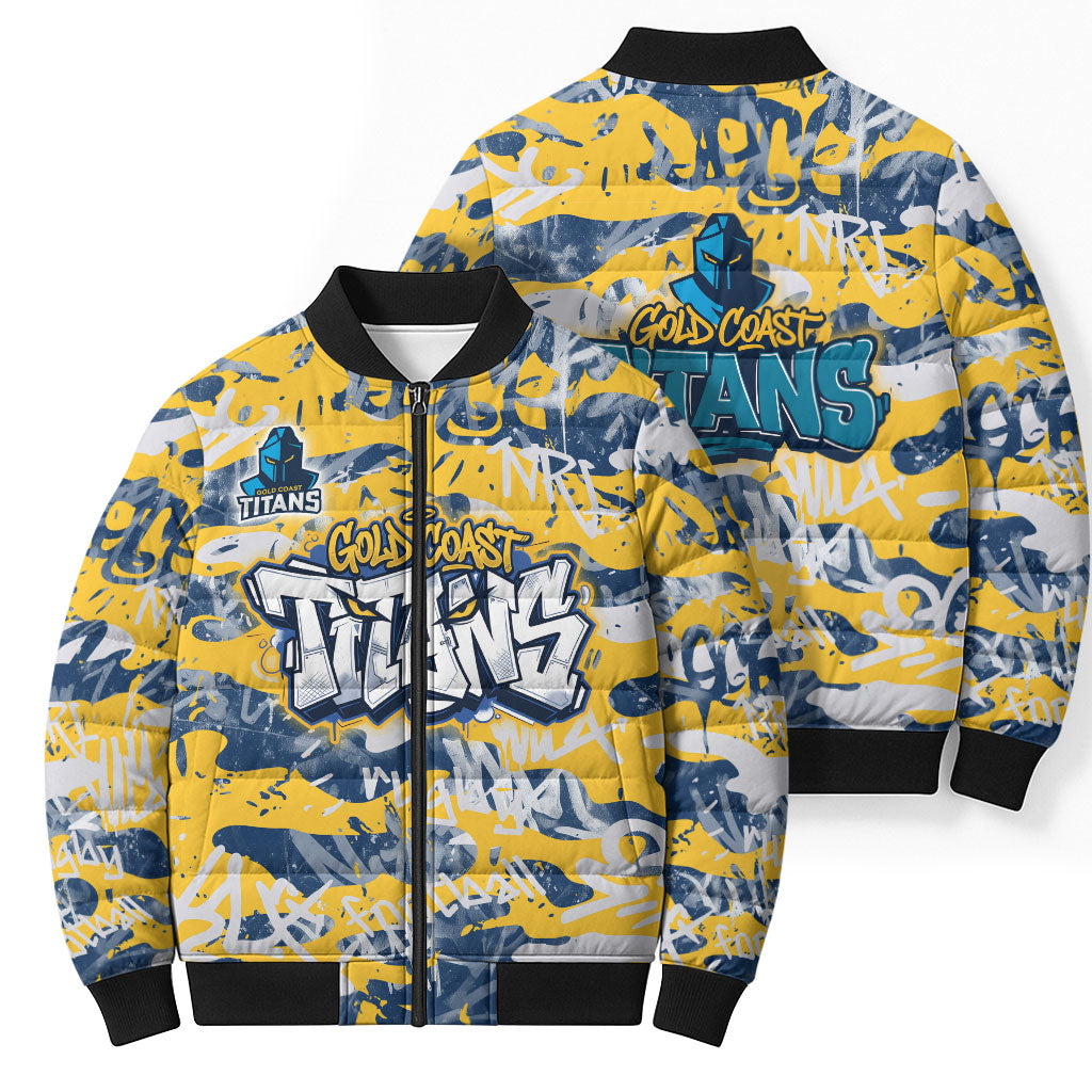 Gold Coast Titans Rugby Bomber Puffer Jacket Graffiti Typography Urban Camo Abstract Street Style