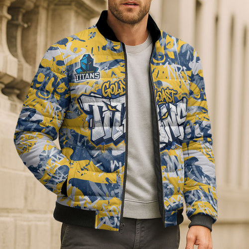 Gold Coast Titans Rugby Bomber Puffer Jacket Graffiti Typography Urban Camo Abstract Street Style
