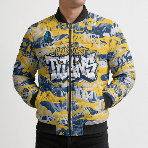 Gold Coast Titans Rugby Bomber Puffer Jacket Graffiti Typography Urban Camo Abstract Street Style