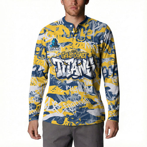 Gold Coast Titans Rugby Button Sweatshirt Graffiti Typography Urban Camo Abstract Street Style