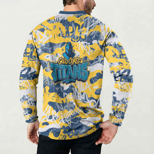 Gold Coast Titans Rugby Button Sweatshirt Graffiti Typography Urban Camo Abstract Street Style