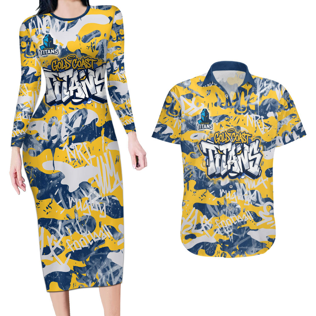 Gold Coast Titans Rugby Couples Matching Long Sleeve Bodycon Dress and Hawaiian Shirt Graffiti Typography Urban Camo Abstract Street Style