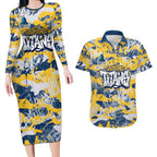 Gold Coast Titans Rugby Couples Matching Long Sleeve Bodycon Dress and Hawaiian Shirt Graffiti Typography Urban Camo Abstract Street Style