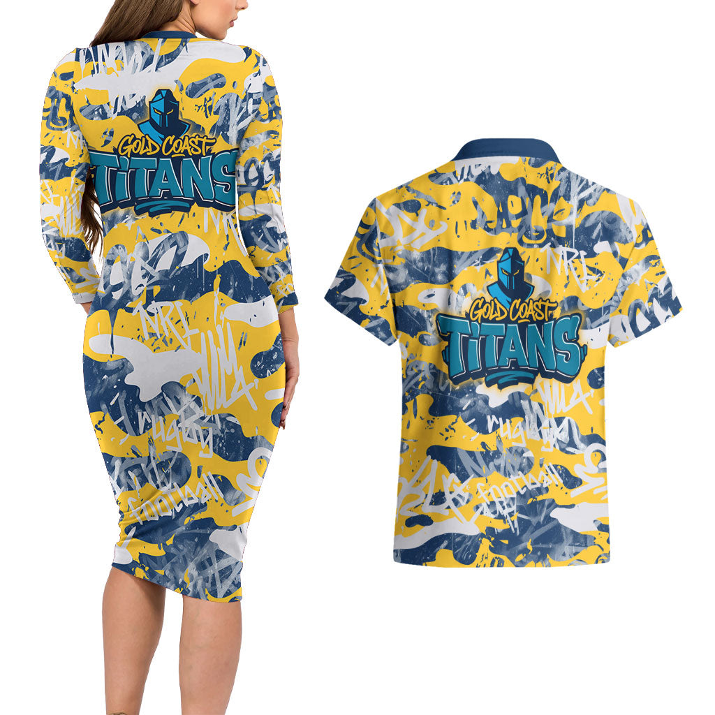 Gold Coast Titans Rugby Couples Matching Long Sleeve Bodycon Dress and Hawaiian Shirt Graffiti Typography Urban Camo Abstract Street Style