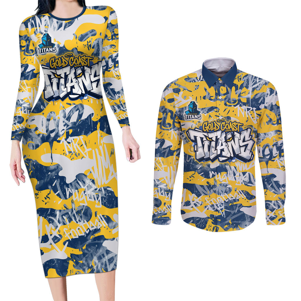 Gold Coast Titans Rugby Couples Matching Long Sleeve Bodycon Dress and Long Sleeve Button Shirt Graffiti Typography Urban Camo Abstract Street Style