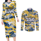 Gold Coast Titans Rugby Couples Matching Long Sleeve Bodycon Dress and Long Sleeve Button Shirt Graffiti Typography Urban Camo Abstract Street Style