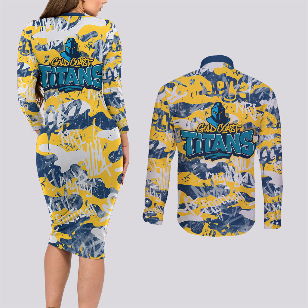 Gold Coast Titans Rugby Couples Matching Long Sleeve Bodycon Dress and Long Sleeve Button Shirt Graffiti Typography Urban Camo Abstract Street Style