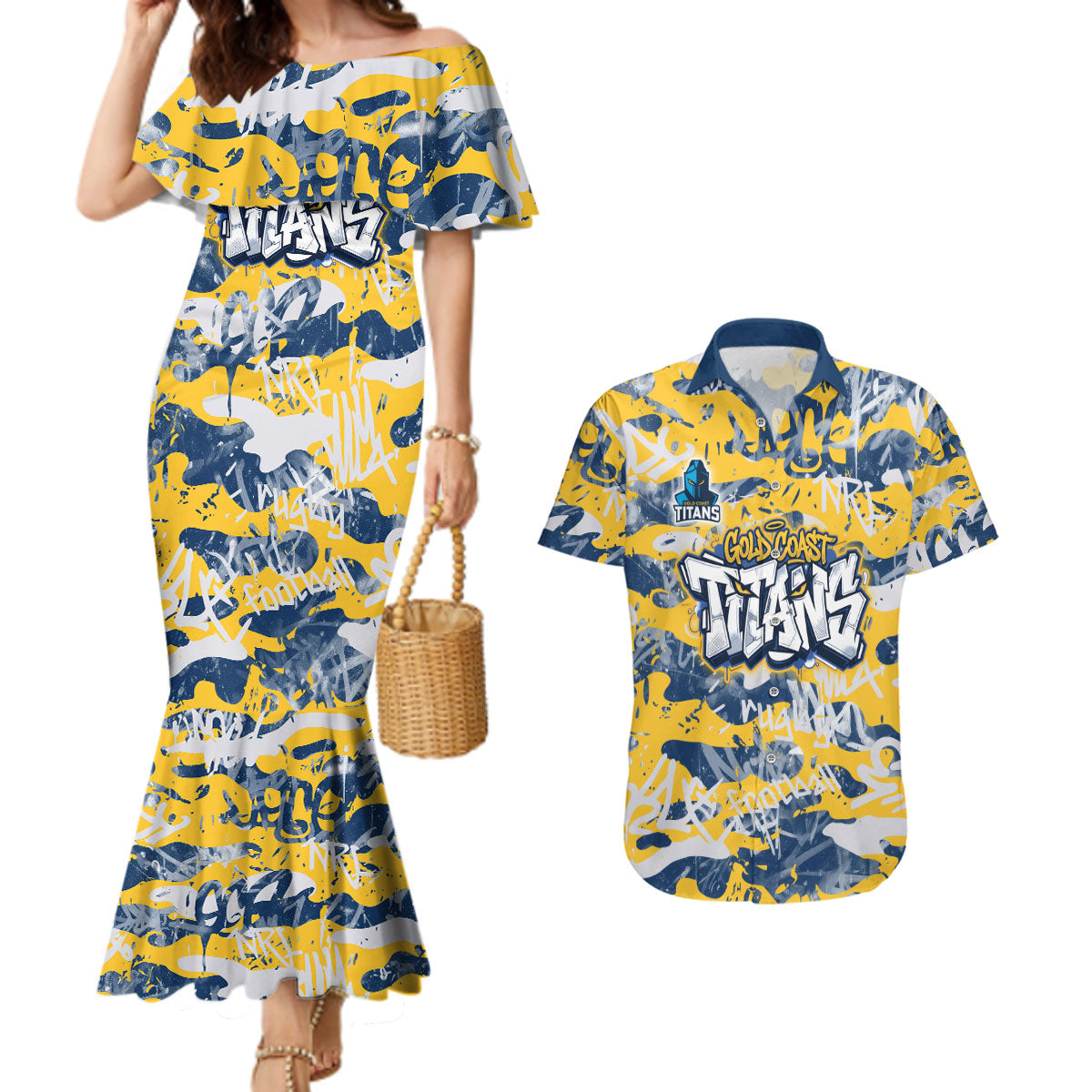Gold Coast Titans Rugby Couples Matching Mermaid Dress and Hawaiian Shirt Graffiti Typography Urban Camo Abstract Street Style