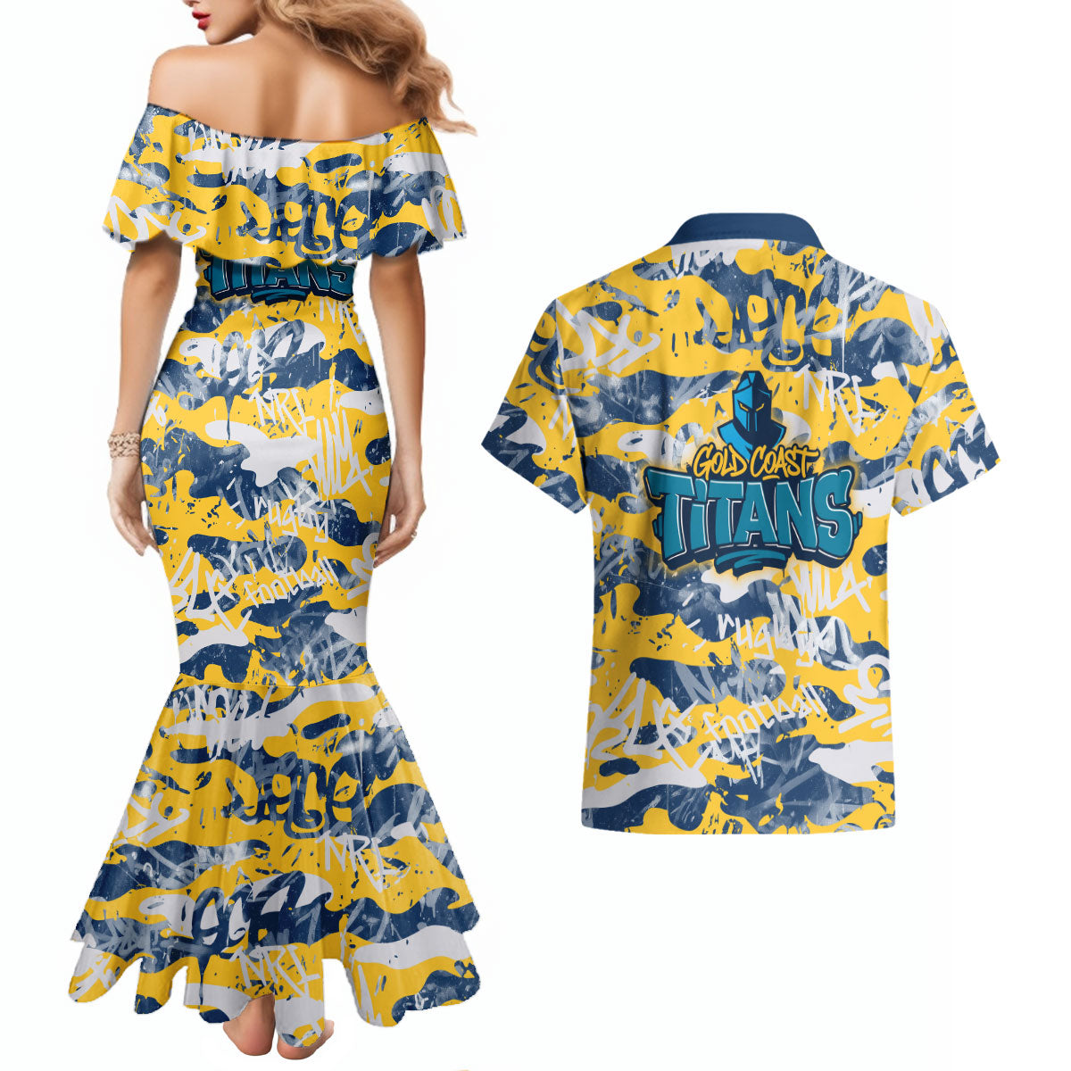 Gold Coast Titans Rugby Couples Matching Mermaid Dress and Hawaiian Shirt Graffiti Typography Urban Camo Abstract Street Style