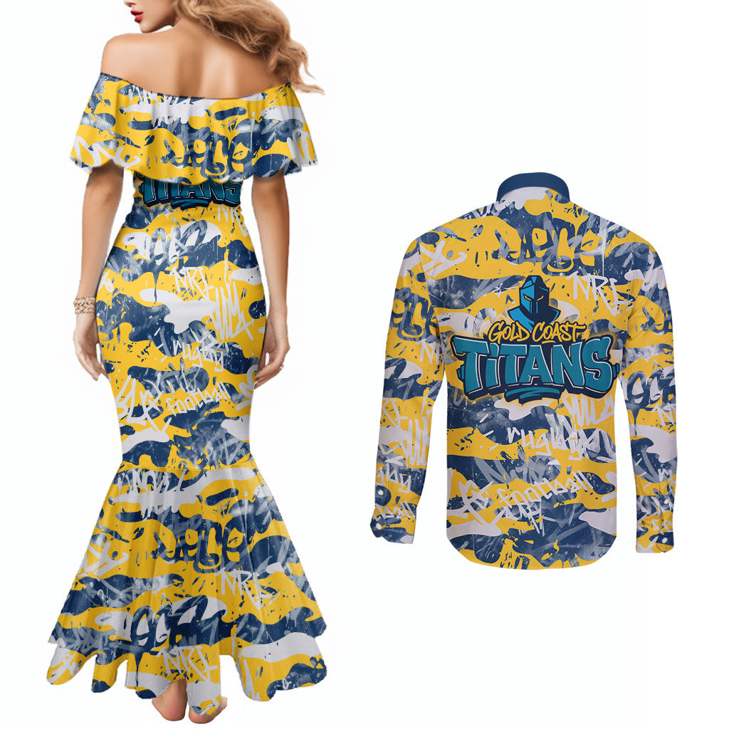 Gold Coast Titans Rugby Couples Matching Mermaid Dress and Long Sleeve Button Shirt Graffiti Typography Urban Camo Abstract Street Style