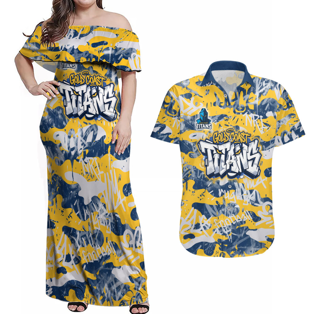 Gold Coast Titans Rugby Couples Matching Off Shoulder Maxi Dress and Hawaiian Shirt Graffiti Typography Urban Camo Abstract Street Style