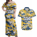 Gold Coast Titans Rugby Couples Matching Off Shoulder Maxi Dress and Hawaiian Shirt Graffiti Typography Urban Camo Abstract Street Style