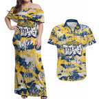 Gold Coast Titans Rugby Couples Matching Off Shoulder Maxi Dress and Hawaiian Shirt Graffiti Typography Urban Camo Abstract Street Style